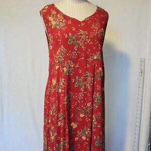Vintage April Cornell Women's S Floral Red Midi/Maxi Dress 90s Rayon Sleeveless